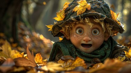 Poster - A character with big eyes and a leaf hat and coat on, looking surprised.