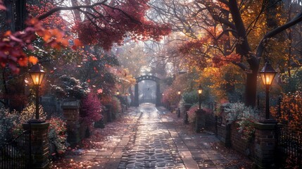 Wall Mural - A foggy pathway with trees and flowers on both sides, creating a serene and mystical atmosphere.