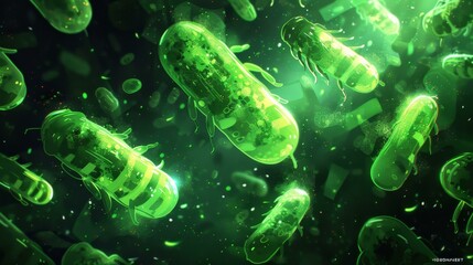 A green bacteria cell wall with a green background. The bacteria are in a cluster and are green in color.