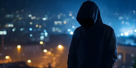 Silhouette of hooded criminal in an urban night scene a true crime setting. Concept Silhouette, Hooded Criminal, Urban, Night Scene, True Crime,