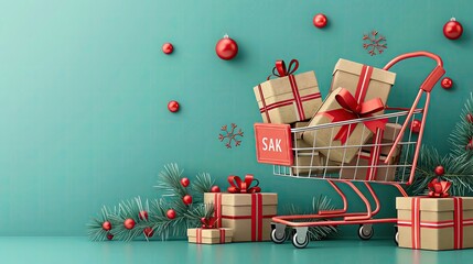 Illustration of a sale banner and a shopping cart filled with presents, with ample space for text