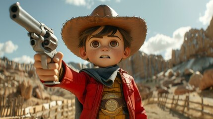 A young boy wearing a cowboy hat and holding a gun, possibly in a western setting.