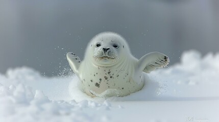 Wall Mural - A small baby seal is playing in the snow, with its arms outstretched and its cute face looking up. The scene is set against a backdrop of snow and ice, creating a picturesque winter landscape.