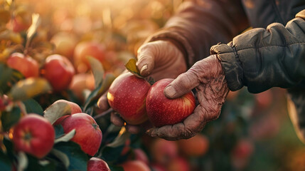 Close up of a senior man's hands picking red apples in an orchard at sunset, depicting a fall harvest concept. A high quality photo with copy space available for text or design elements, in the style 