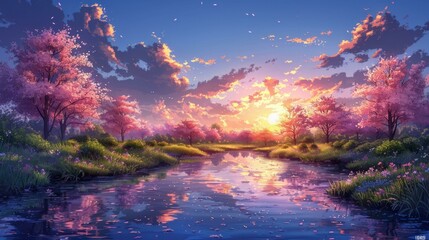 Wall Mural - A beautiful painting of a river flowing through a grassy field with trees in the background, set against a backdrop of a pink and blue sky during sunset.