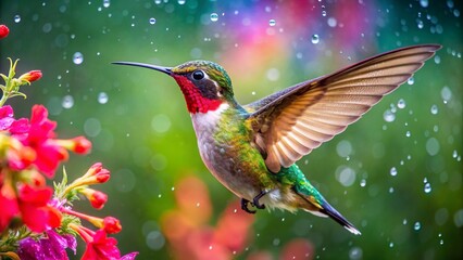 Wall Mural - Ultra hd macro Colorful humming bird are flying near flowers and pecking at water droplets falling from beautiful  wild flowers pollen.