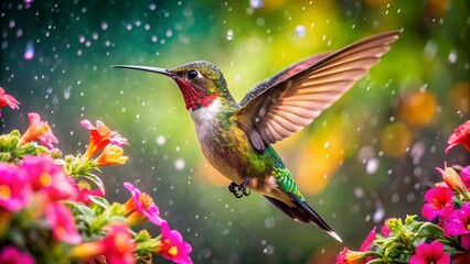 Ultra hd macro Colorful humming bird are flying near flowers and pecking at water droplets falling from beautiful  wild flowers pollen.