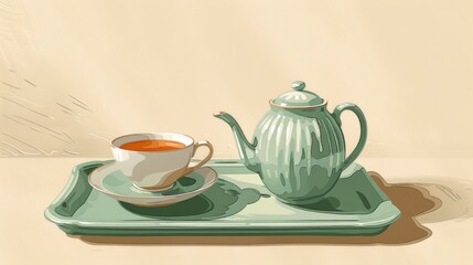 Sticker - Teapot and cup of tea on beige background in a tray