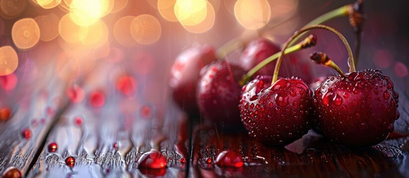 Macro background of cherries on a wooden table with water drops