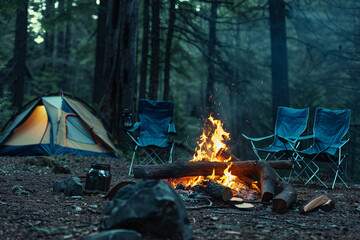 Wall Mural - beautiful bonfire near chairs and camping tent in forest