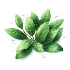 Wall Mural - Watercolor illustration of fresh basil leaves with a vibrant green color and smooth texture. The leaves are depicted on a white background, highlighting their fresh and aromatic appearance.