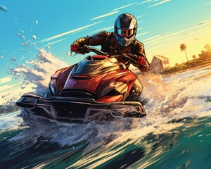 Wall Mural - Jetski colorful comic book style artwork