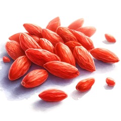 Watercolor illustration of goji berries with bright red color. The berries are set against a white background, emphasizing their fresh and healthy appearance.