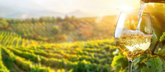 Sticker - Sunny Day Winemaking Concept with White Wine Pouring into Glass against Vineyard Background - Ample Room for Copy