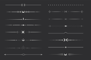 Wall Mural - Silver celestial divider thin line border decoration. Collection tribal with moon, stars and arrows mystical separators. Modern ornament minimal set isolated on dark background.