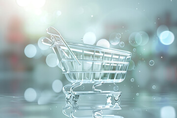 Shopping cart in glass effect on pastel background. shopping online concept.