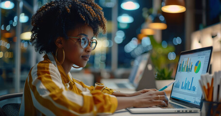 Aufkleber - A black female office worker working on a laptop at a desk in a modern office, looking at graphs and dashboard on the screen. Generative AI.