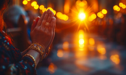 People Holding Hands in Prayer During Worship at Sunset, Spiritual Belief, Peaceful Setting in Church, Community, Faith, Meditation, Tranquil Atmosphere, Uplifting, Unity, Contemplation, Glowing Light