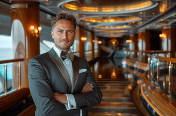 Canvas Print - A portrait of smart man on main floor of luxury liner. Generative AI.