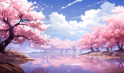 Sticker - Tranquil Springtime Landscape with Cherry Blossoms