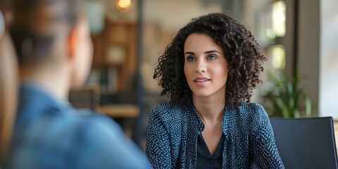 Woman manager interviewing job applicant in office setting. Concept Job Interview, Office Setting, Manager Applicant Interaction, Professional Attire, Business Conversation