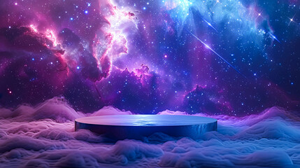 Wall Mural - empty space platform podium on galaxy starry sky fantasy background with smoke for product placement