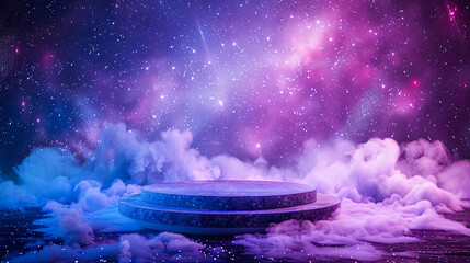 Wall Mural - empty double podium surrounded by blue and purple smoke on galaxy starry night sky background for pr