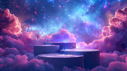 Wall Mural - Abstract Minimalistic Purple Podium Backdrop with Fluffy Clouds and Galaxy Sky for Product Placement 3D Render Illustration