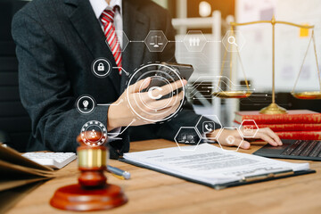 Wall Mural - Copyright or patent concept, Person hand using laptop computer, tablet and smartphone with virtual screen copyright icon
