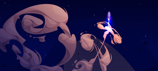 Wall Mural - launched rocket flying in dark blue sky with comic cloud path. cartoon vector illustration of space 