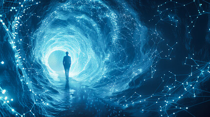 Wall Mural - businessman walking through abstract technology tunnel digital network connection cyberspace concept