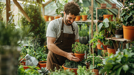 man is enjoying working in a garden or greenhouse. They are wearing an apron and holding a potted plant, surrounded by various other plants and gardening supplies. The setting suggests a passion f