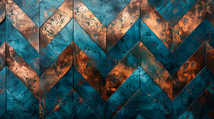 Wall Mural - Abstract Blue and Copper Painted Chevron Wood Wall Texture Background with Grain Detail, Interior Design, Home Decor and Architecture Photography