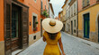 © Aliaksandra - Traveler with Sun Hat Exploring Quaint European Street.A traveler adorned with a stylish sun hat strolls through a charming, narrow European street, surrounded by vibrant flowers