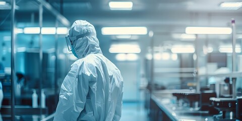 Wall Mural - Biotech production facility with worker in protective suit in clean room. Concept Biotech Production Facility, Workers in Protective Suits, Clean Room Environment