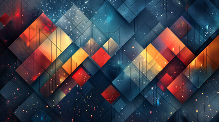 Canvas Print - Abstract Geometric Pattern With Red Blue Yellow And Orange Rhombus Shapes With Bokeh Lights Background Wallpaper Design Template
