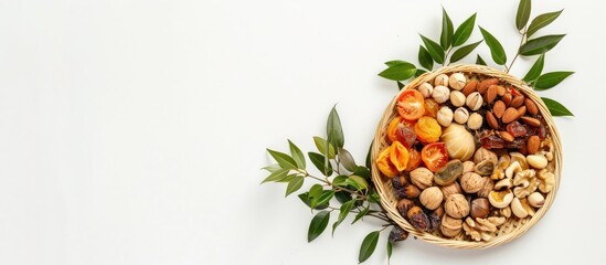Wall Mural - A wicker plate filled with dried fruits and nuts, adorned with a young green leafy branch, symbolizing the Jewish holiday Tu Bishvat against a white background with space for text.