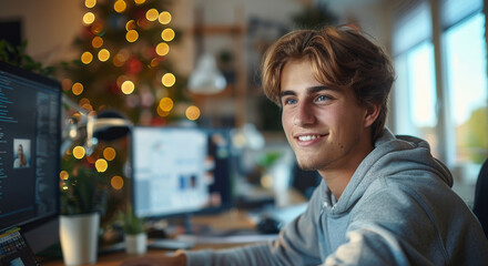 Aufkleber - A happy white young adult working on apps development, technology elements. Generative AI.