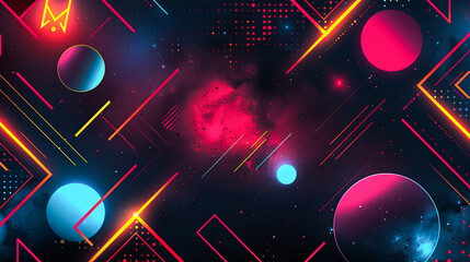 Wall Mural - abstract neon geometric shapes on dark background with glowing lines, cyberpunk, synthwave, retrofut
