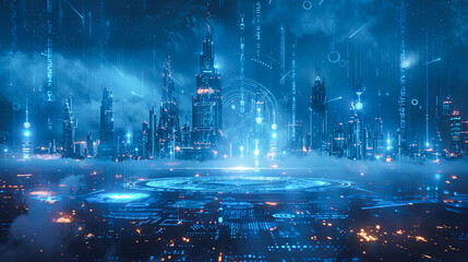 Wall Mural - futuristic smart city skyline with glowing holographic data and digital technology interface - metav