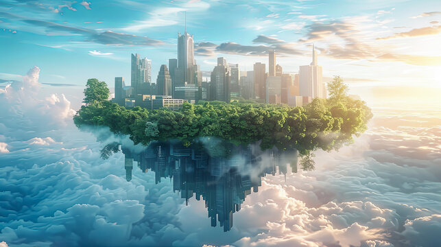Surreal Floating Island Cityscape with Lush Green Trees, Modern Buildings, and a Stunning Sunset Sky Reflection in the Clouds - Digital Art Wallpaper Background