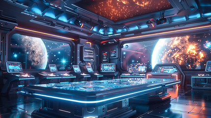 Wall Mural - futuristic spaceship interior control room with view of planet earth from space digital art 3d illus