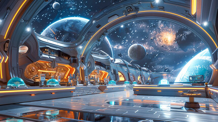 Wall Mural - futuristic spaceship interior with view of planets and galaxy through porthole window science fictio