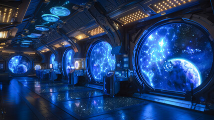Wall Mural - futuristic spaceship interior with round windows showing the galaxy, earth, and stars, scifi corrido