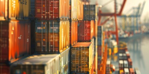 Wall Mural - A close-up shot of a cargo ship's side, showing the texture and details of the stacked containers, with the port's bustling activity slightly blurred in the background, Generative AI