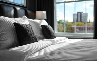 A bed with two pillows and a black pillow on it. The bed is made and the pillows are neatly arranged. The room has a window with a view of a city