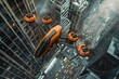 © Olsek - Futuristic drone flying above busy city streets, showcasing advanced urban air mobility solutions. This image captures a moment in a bustling, technology-driven metropolis. Generative AI