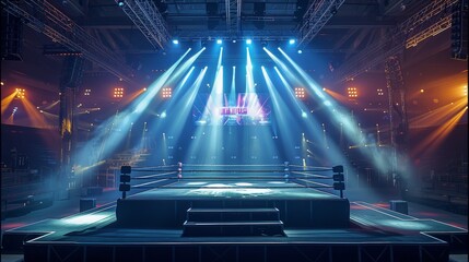 Aufkleber - Spotlights on the boxing ring with large video screen at the backdrop in the background, boxing ring. Generative AI.