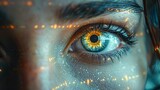 Close-up of a person's eyes scanning a retina for biometric cybersecurity authentication, Generative AI