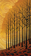 Canvas Print - A painting depicting a forest with bare trees silhouetted against a brilliant orange and gold sunrise